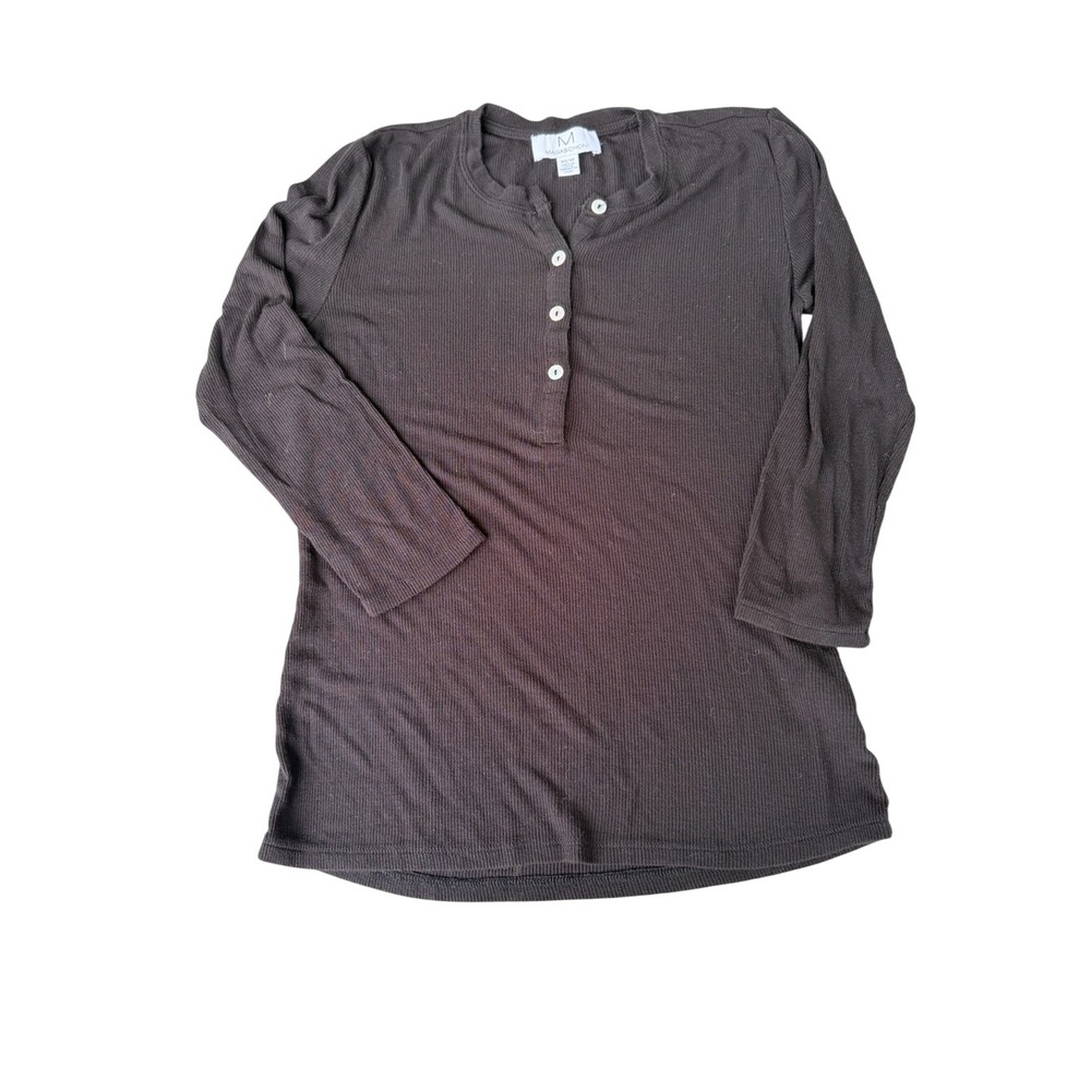 Magaschoni Ribbed Henley Top 3/4 Length Sleeves Black Women's Size XS Stretch